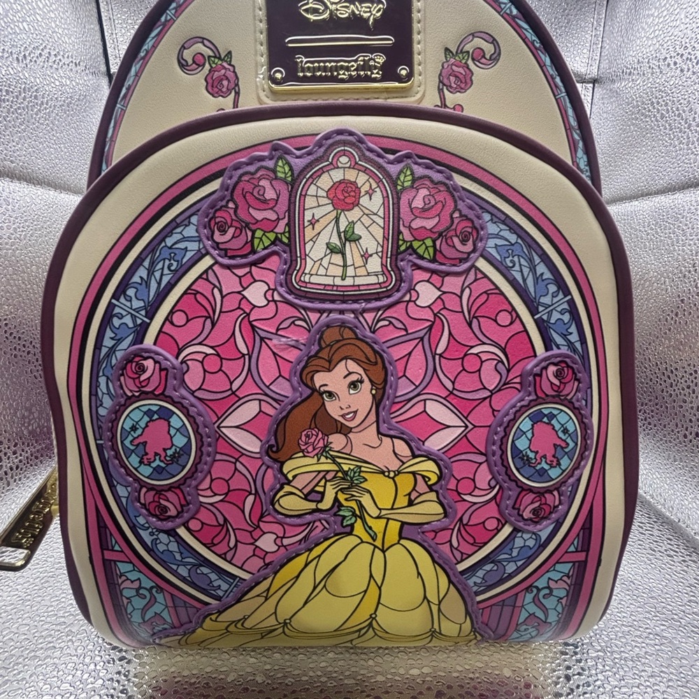 Loungefly Belle Stained Glass Mini Backpack - Pink, Cream & Yellow